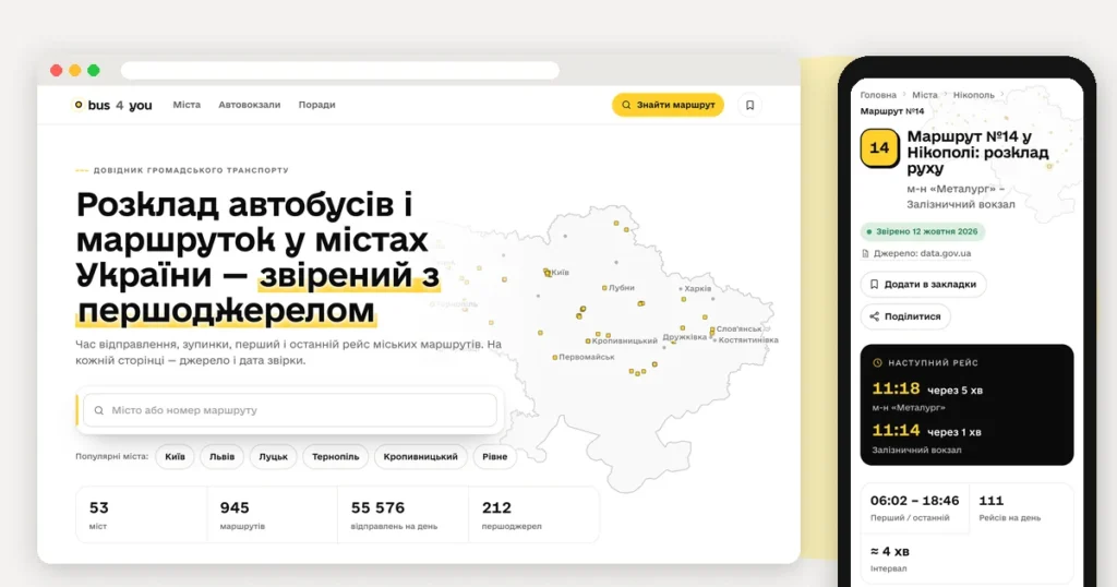 Новая главная страница Bus4You на компьютере и страница маршрута на телефоне