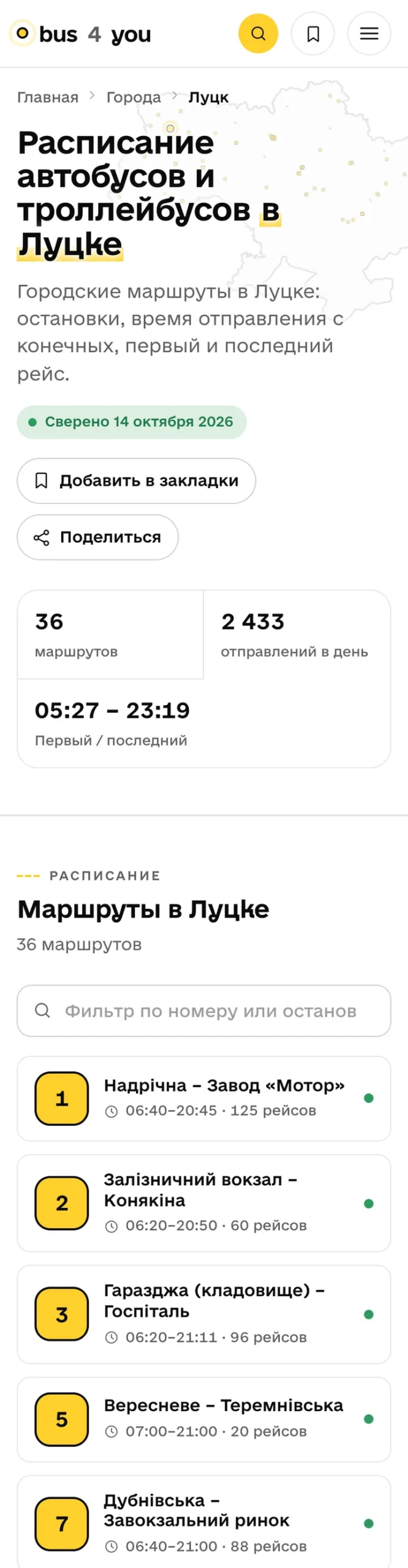 Страница города Луцк: количество маршрутов, отправлений в день, первый и последний рейс, фильтр и список маршрутов